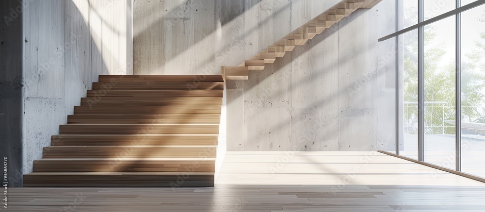 Poster wooden staircase in a modern open area. copy space image. place for adding text and design