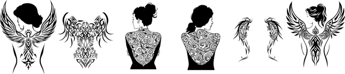 Fototapeta premium Contour silhouettes of tribal tattoos on the back of women in patterns and wings. Vector set of black sketches on transparent background