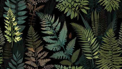 minimalist flat vector background that showcases a variety of botanical elements like ferns, palm leaves, and succulents