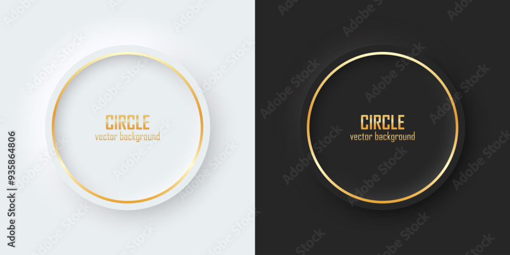 Fototapete set of realistic 3d circle. gold illuminate neon lighting, circles frames on a white and black backg