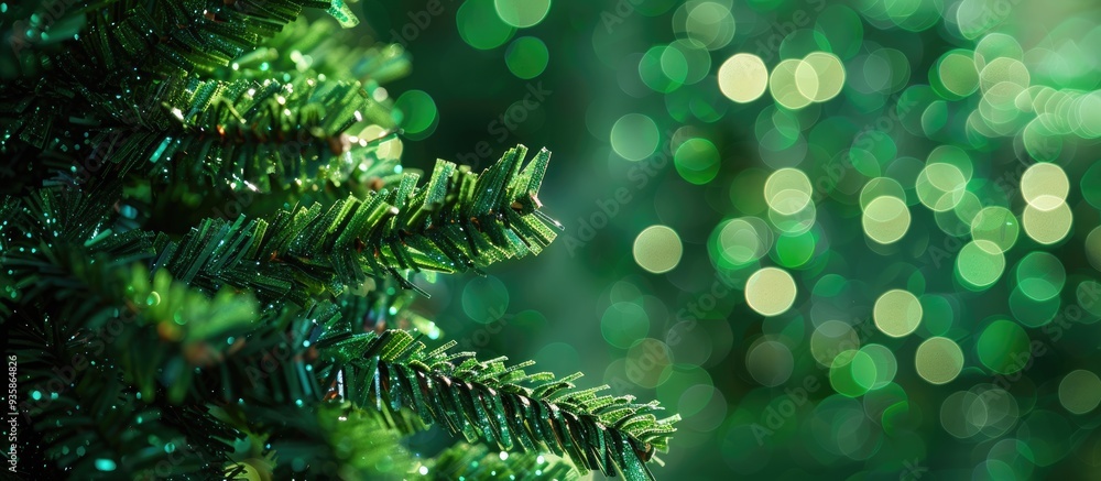 Poster close up of textured green paper featuring a line of christmas green bokeh macro. copy space image. 
