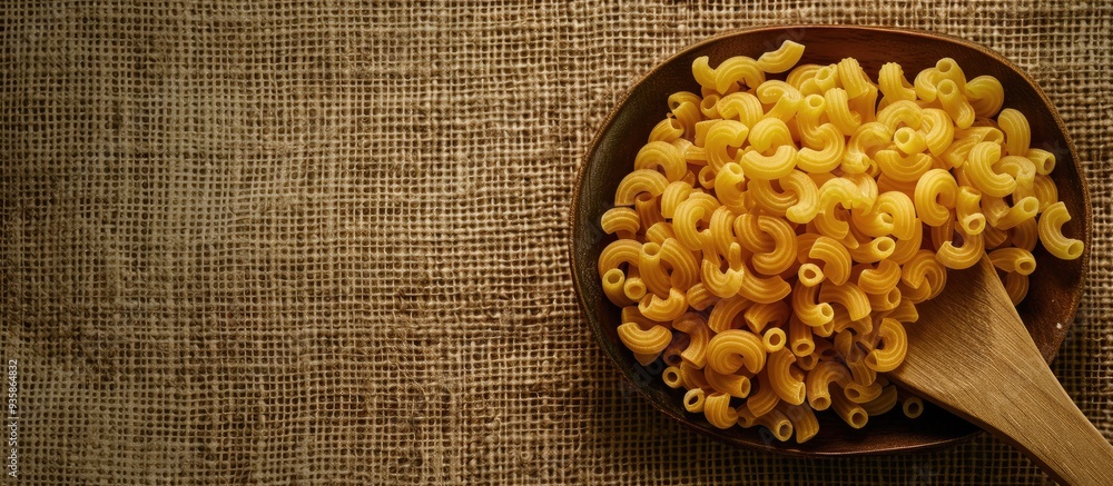 Poster uncooked macaroni with a wooden spoon on a burlap backdrop. copy space image. place for adding text 