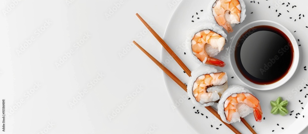 Poster top view of a plate featuring shrimp rolls chopsticks and soy sauce. copy space image. place for add