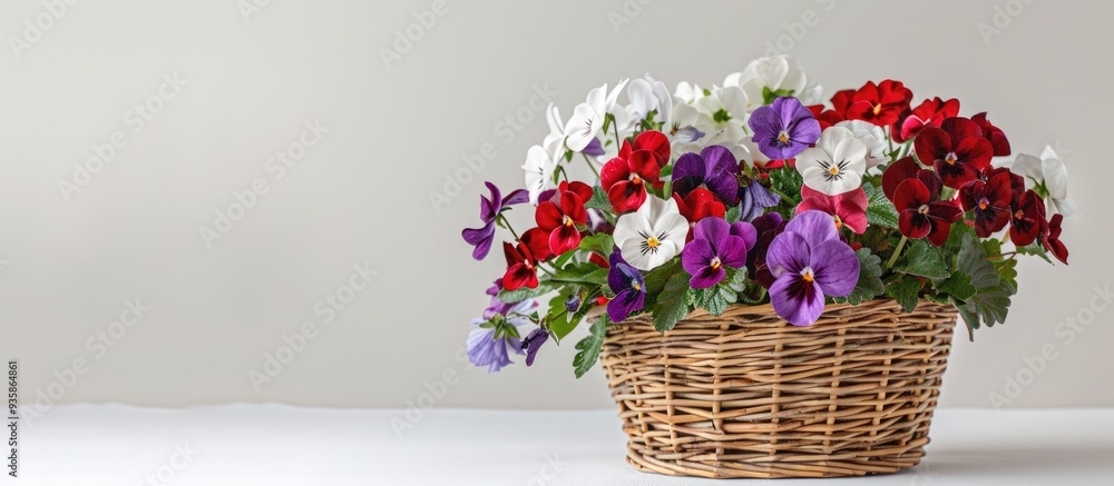 Poster red and white violet flowers arranged in a basket against a white background. copy space image. plac