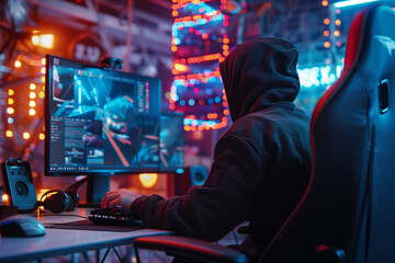 Hyper-realistic photo of a young man in a black hoodie gaming at a computer with three old monitors, surrounded by neon lights and cinematic lighting in a cyberpunk style, captured in 8K resolution wi