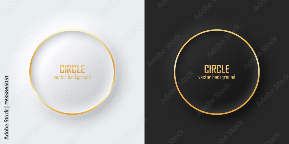 Poster set of realistic 3d circle. gold illuminate neon lighting, circles frames on a white and black backg