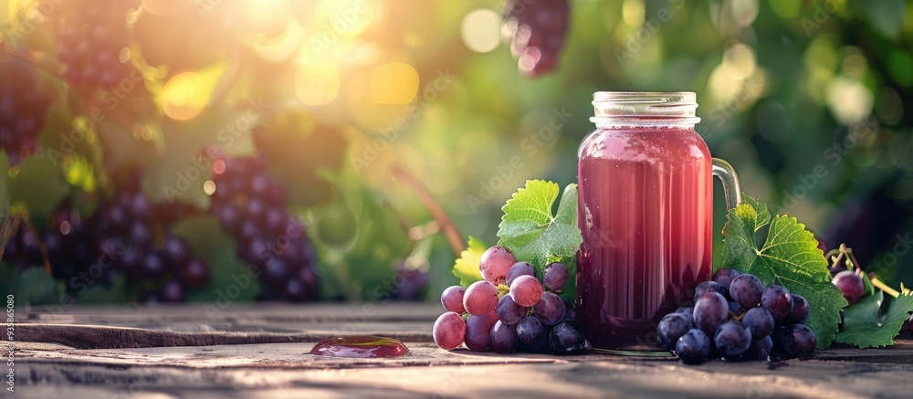 Poster cool grape juice in a glass jar on aged wood with a tree backdrop fresh beverage and health theme. c
