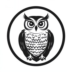 Black and white flat vector art illustration of a owl in a circular stamp logo style, svg design, isolated on white background, simple vector art design 