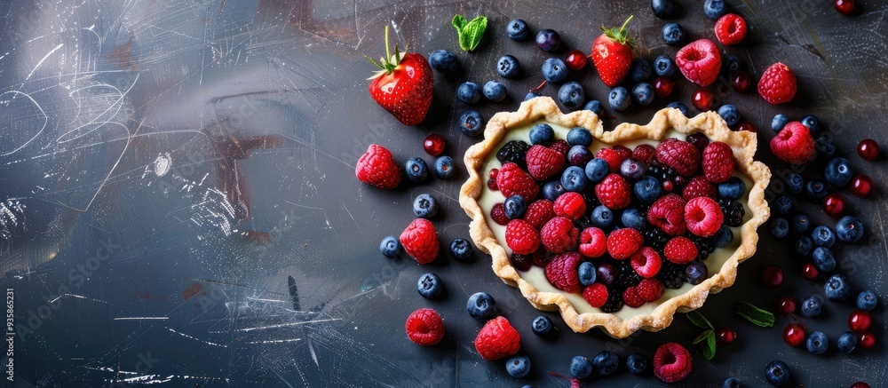 Poster homemade berry tart and white chocolate in the shape of a heart. copy space image. place for adding 
