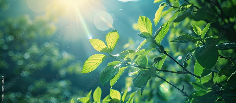 Poster backlit green leaves set against a blue sky and mountain backdrop with sunbeams in the early morning