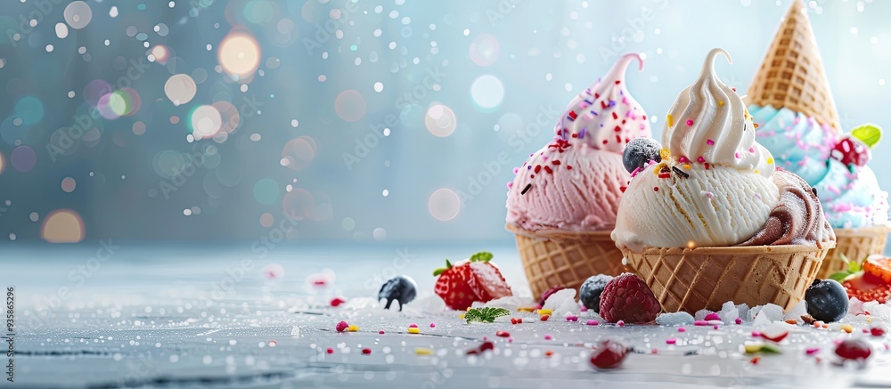 Poster delicious ice cream treats with a variety of toppings. copy space image. place for adding text and d
