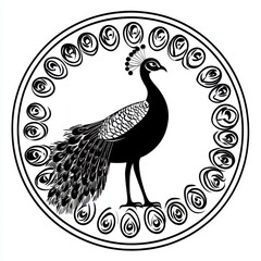 Fototapeta premium Black and white flat vector art illustration of a peacock in a circular stamp logo style, svg design, isolated on white background, simple vector art design 
