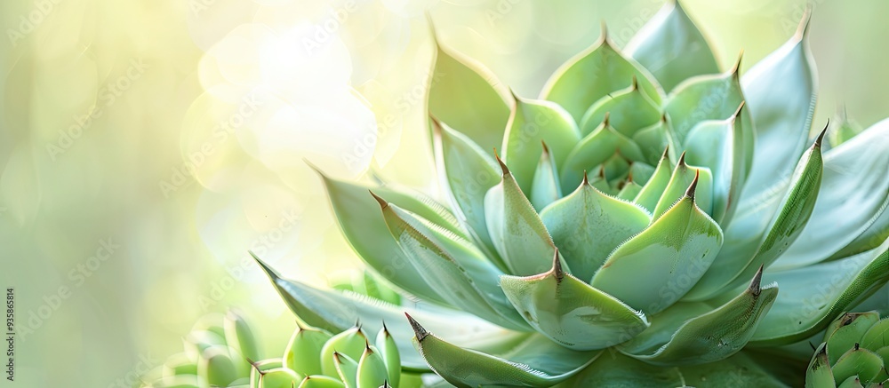 Poster succulent plant thorny leaf natural backdrop. copy space image. place for adding text and design