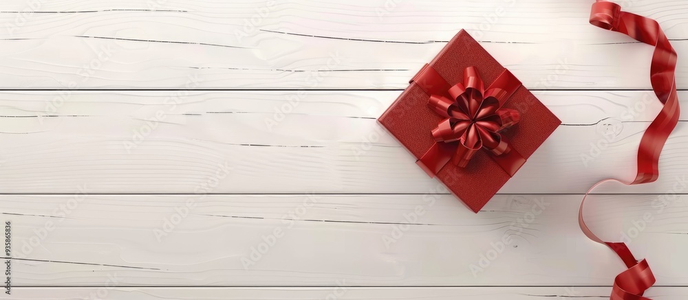 Poster gift box and ribbon displayed on a white wooden table. copy space image. place for adding text and d