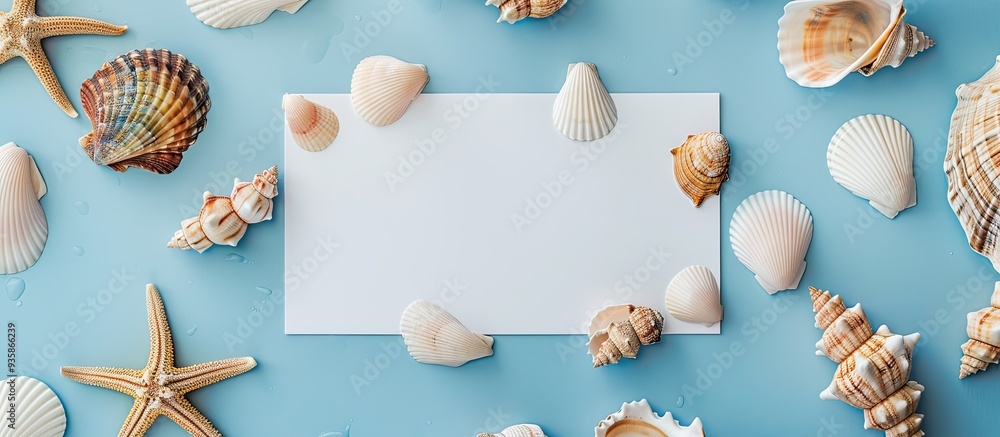 Poster Summer concept featuring a blank greeting card and white paper on a colored background Seashells from the ocean shore arranged in a frame shape creating space for text from a top view
