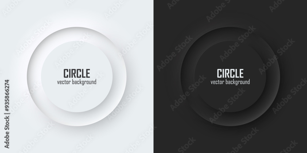 Poster Set of realistic 3d circle. Circles frame on a white and black background in neumorphism style. Elements for design. Top view of podium. EPS10 vector.