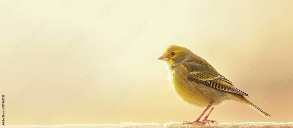 Poster small bird carduelis chloris. copy space image. place for adding text and design