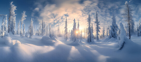 Fototapeta premium Panoramic view of a beautiful winter landscape with trees covered in snow and a blue sky with clouds. Sun rays are shining through the tree branches in a snowy Swedish forest. 