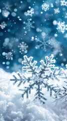 Sparkling snowflakes in a winter wonderland with warm glowing lights. Perfect for festive holiday cards and Christmas backgrounds.