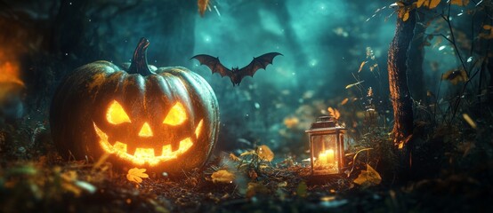 Embers adorn an autumn nightscape with an eerie Halloween pumpkin and zombie bat with glowing yellow eyes