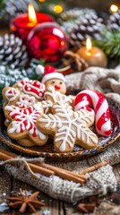 Naklejka premium Festive gingerbread cookies decorated with icing and surrounded by Christmas ornaments on a wooden background. Perfect for holiday baking and Christmas designs