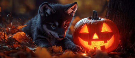 Obraz premium A haunting Halloween scene with a glowing pumpkin and a creepy wolf pup