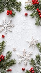 Christmas decorations with red ornaments, snowflakes, and pine branches on a white snowy background. Ideal for holiday cards and winter designs.