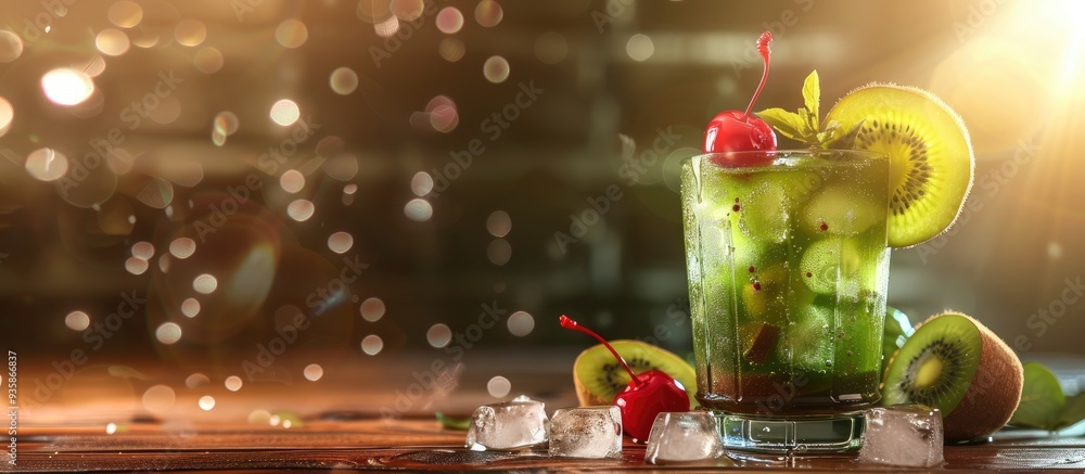 Poster fresh kiwi syrup ice cubes soda and a cherry on top perfect for summer set against a wooden table ba