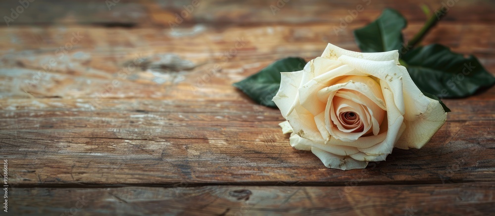 Poster cream rose on the aged table. copy space image. place for adding text and design
