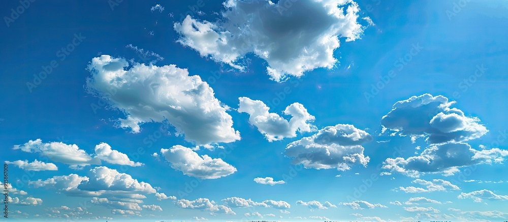 Poster a broad view of clouds in a blue sky above a rural landscape. copy space image. place for adding tex