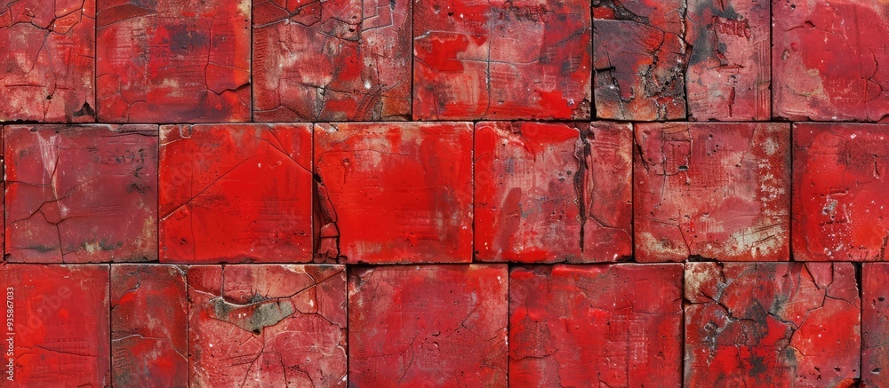 Poster red brick block wall displays a pattern of stacked blocks with a rough surface texture the joints ar