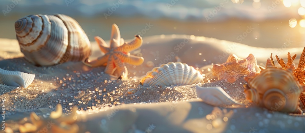 Poster marine still life on sand in bright sunlight. copy space image. place for adding text and design