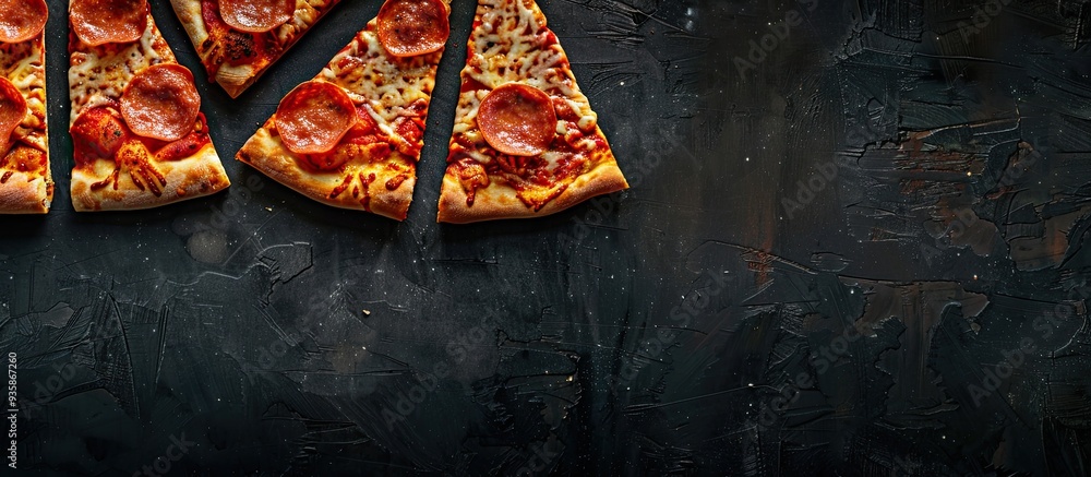 Poster pizza slices arranged in a row on a worn dark black textured background with copyspace at the top
