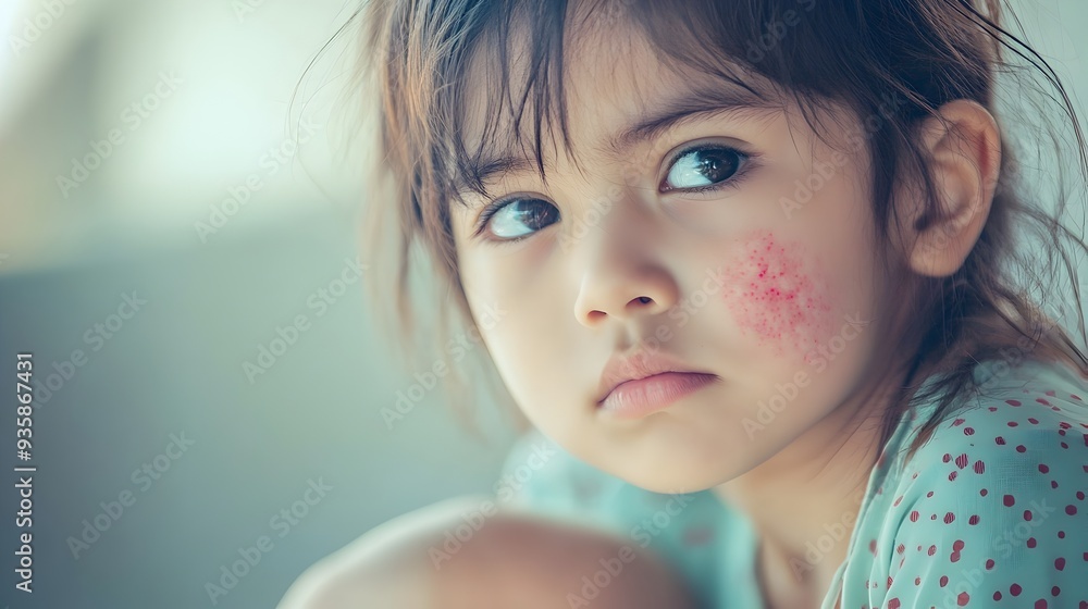 Poster close up of a child s face showing a rash which is a common symptom of the dengue fever illness the 