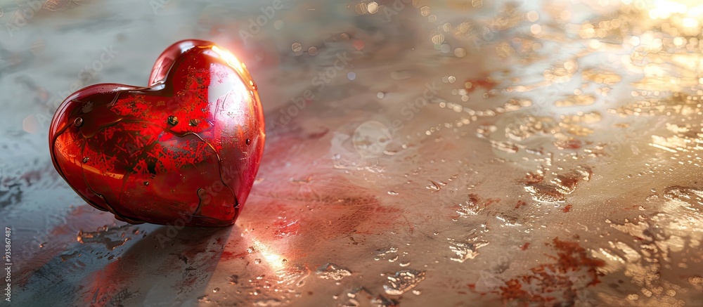 Poster red metallic heart set against a softly romantic faded background. copy space image. place for addin