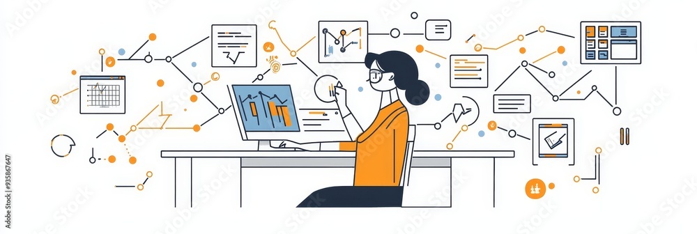Poster data analysis and business strategy: woman working on a computer with graphs and charts - a woman si