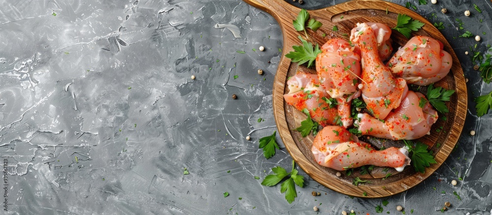 Poster raw chicken legs seasoned with herbs and spices on a cutting board top view gray background. copy sp