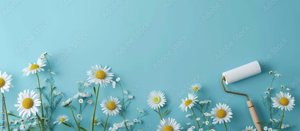 Poster creative arrangement of chamomiles and paint roller on a blue backdrop. copy space image. place for 
