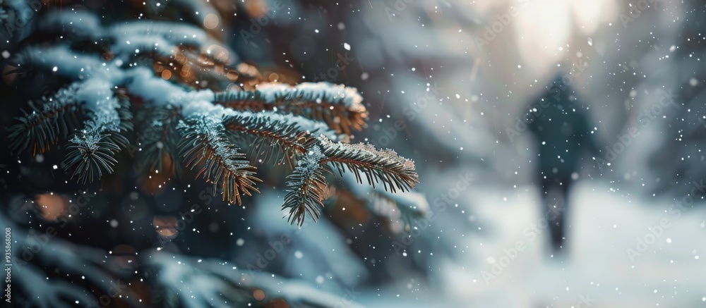 Aufkleber selective focus on a fir tree branch in a snowy forest with a traveler in the background. copy space