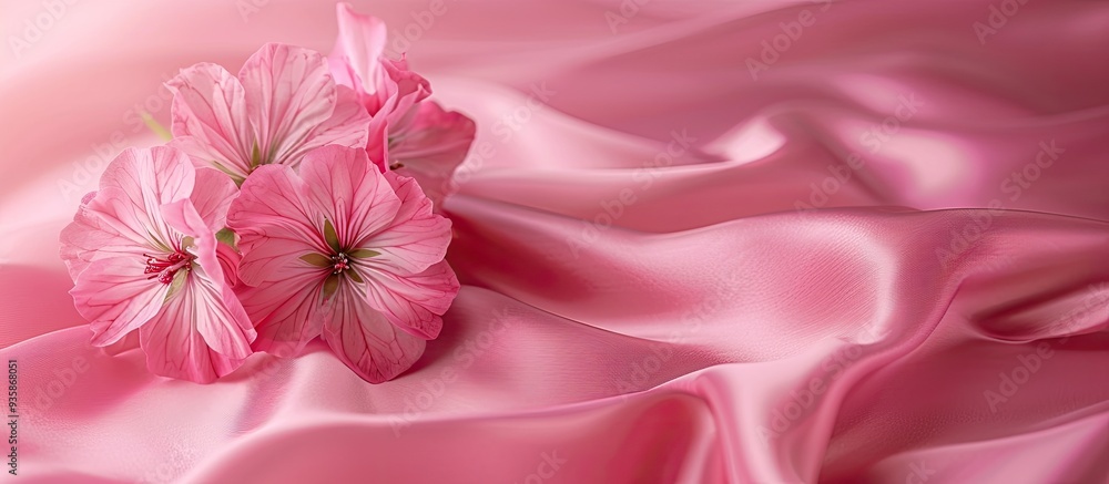 Poster Natural pink geranium flower on a pink silkie background photograph with copy space for your own text