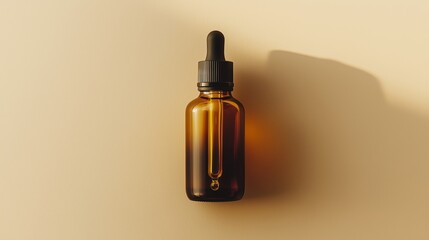 Fototapeta premium A brown glass bottle with an amber dropper for skin care on beige background.