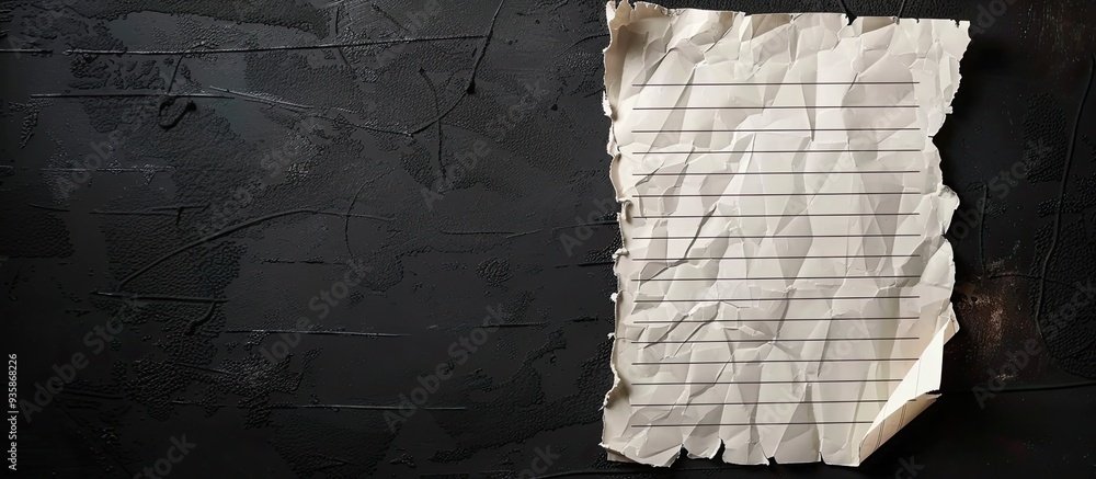 Poster white torn note notebook paper affixed with sticky tape on a black background. copy space image. pla