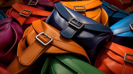 Fashionable multi colored trendy womens bags of all bright colors of the rainbow on a dark background. Neural network ai generated art