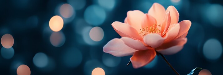 Fototapeta premium Delicate Pink Flower Blossom Against a Blue Bokeh Background - A single pink flower blooms against a soft blue bokeh background, symbolizing beauty, growth, fragility, nature, and hope.