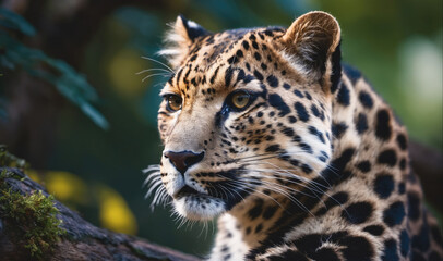 Fototapeta premium A leopard rests on a branch, its spotted fur blending in with the green foliage