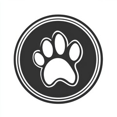 Obraz premium Black and white flat vector art illustration of a paw print in a circular stamp logo style, svg design, isolated on white background, simple vector art design