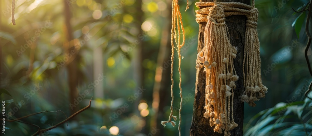 Poster artisanal and crafted detailed hand knotted cotton fabric adornment hanging from a tree in a natural