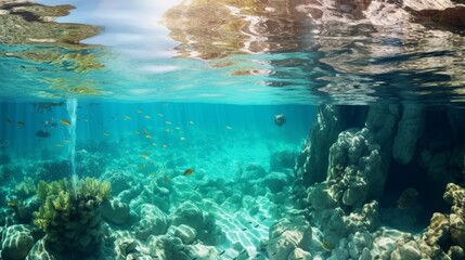 Fototapeta premium Transparent ocean water with visible underwater rocks and cliff parts. Neural network ai generated art