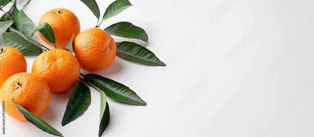 Poster fresh mandarin oranges against a white background. copy space image. place for adding text and desig