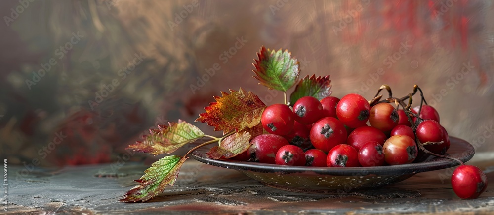 Canvas Prints A small group of hawthorn berries with leaves on a plate against a rustic backdrop. Copy space image. Place for adding text and design